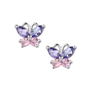 Brinco Ouro 18K Borboleta com Tanzanitas e Safiras Rosas