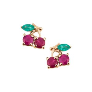 Brinco Ouro 18K Cerejinha com Rubis e Esmeraldas