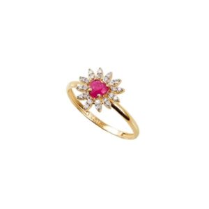 Anel Ouro 18K Coração Sagrado com Rubi e Diamantes